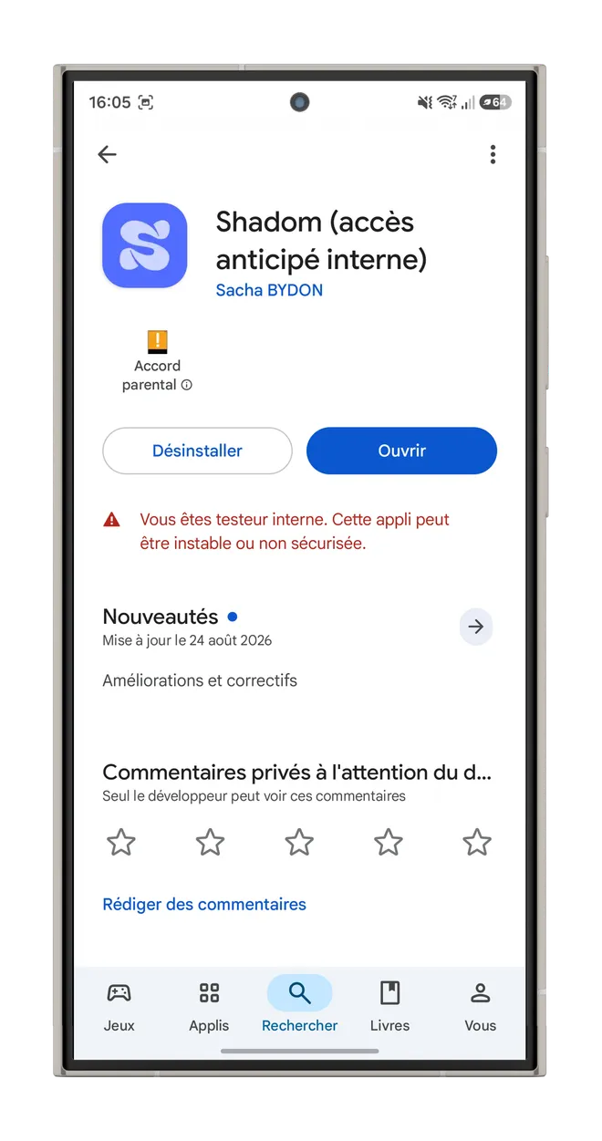 L’écran de bienvenue de Shadom : le nom de l’application, sa promesse, et les boutons « Commencer » et « Continuer avec Google »