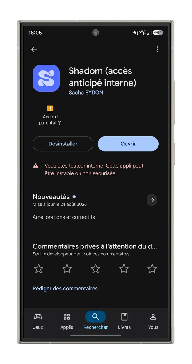 L’écran de bienvenue de Shadom : le nom de l’application, sa promesse, et les boutons « Commencer » et « Continuer avec Google »