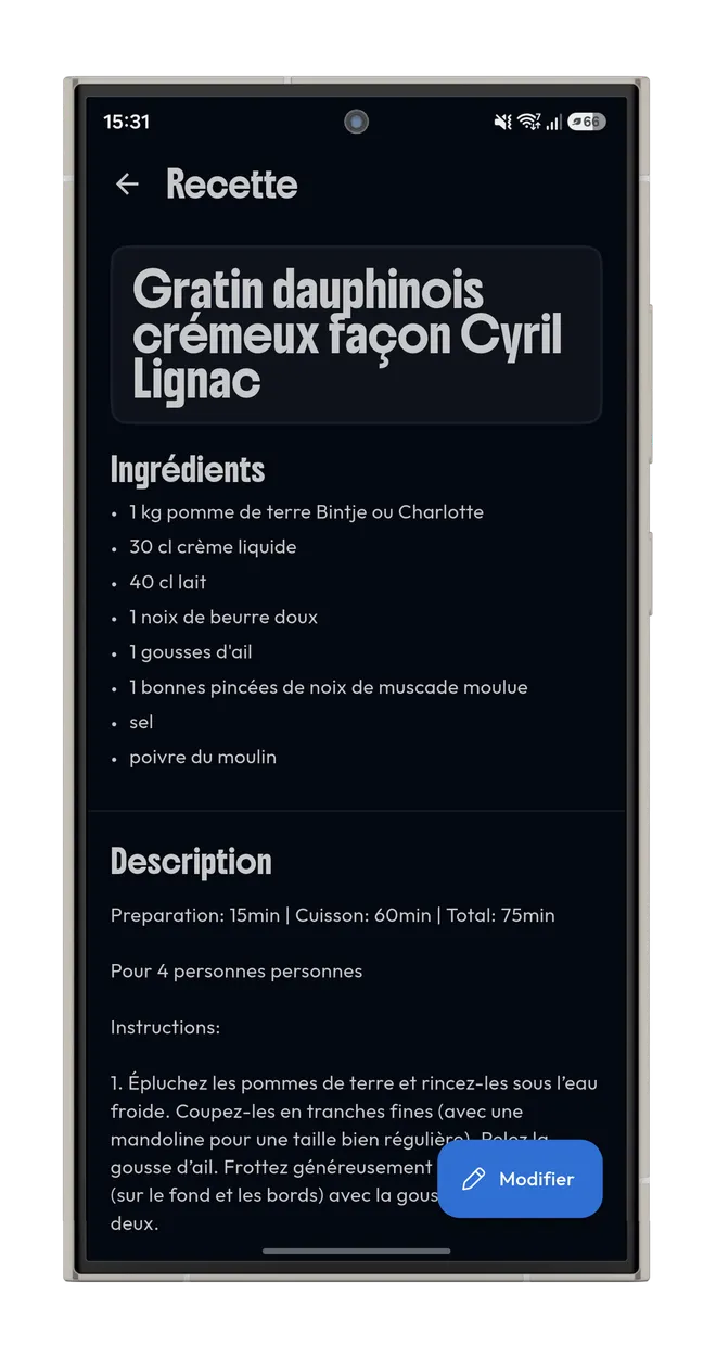 La recette importée dans Shadom : titre, liste d’ingrédients avec quantités, et instructions